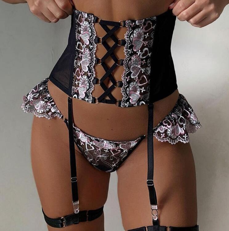 Set Lingerie Sexy da Donna 3 Pezzi con Ricami Love e Spalline Incrociate