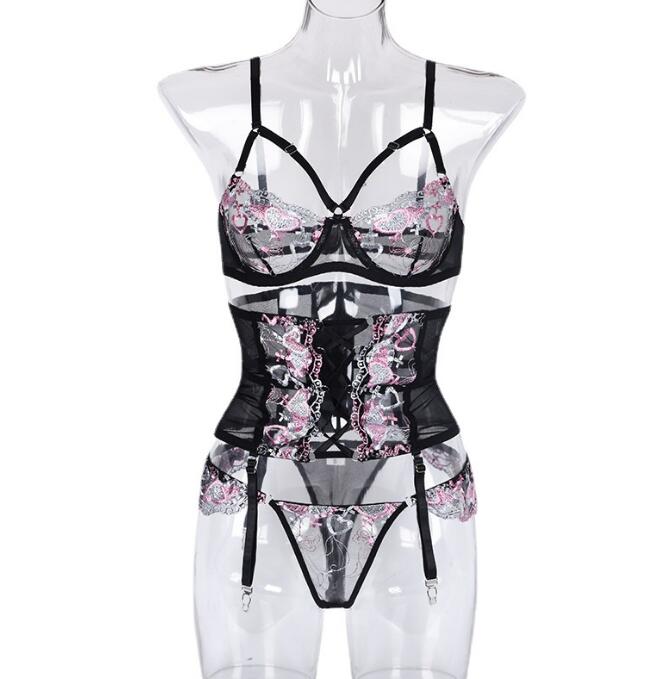 Set Lingerie Sexy da Donna 3 Pezzi con Ricami Love e Spalline Incrociate